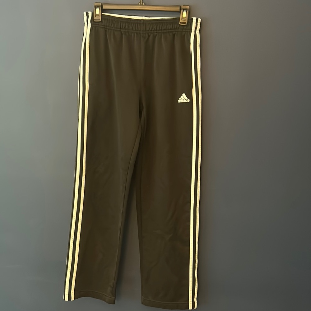 Black adidas athletic pants with white stripes